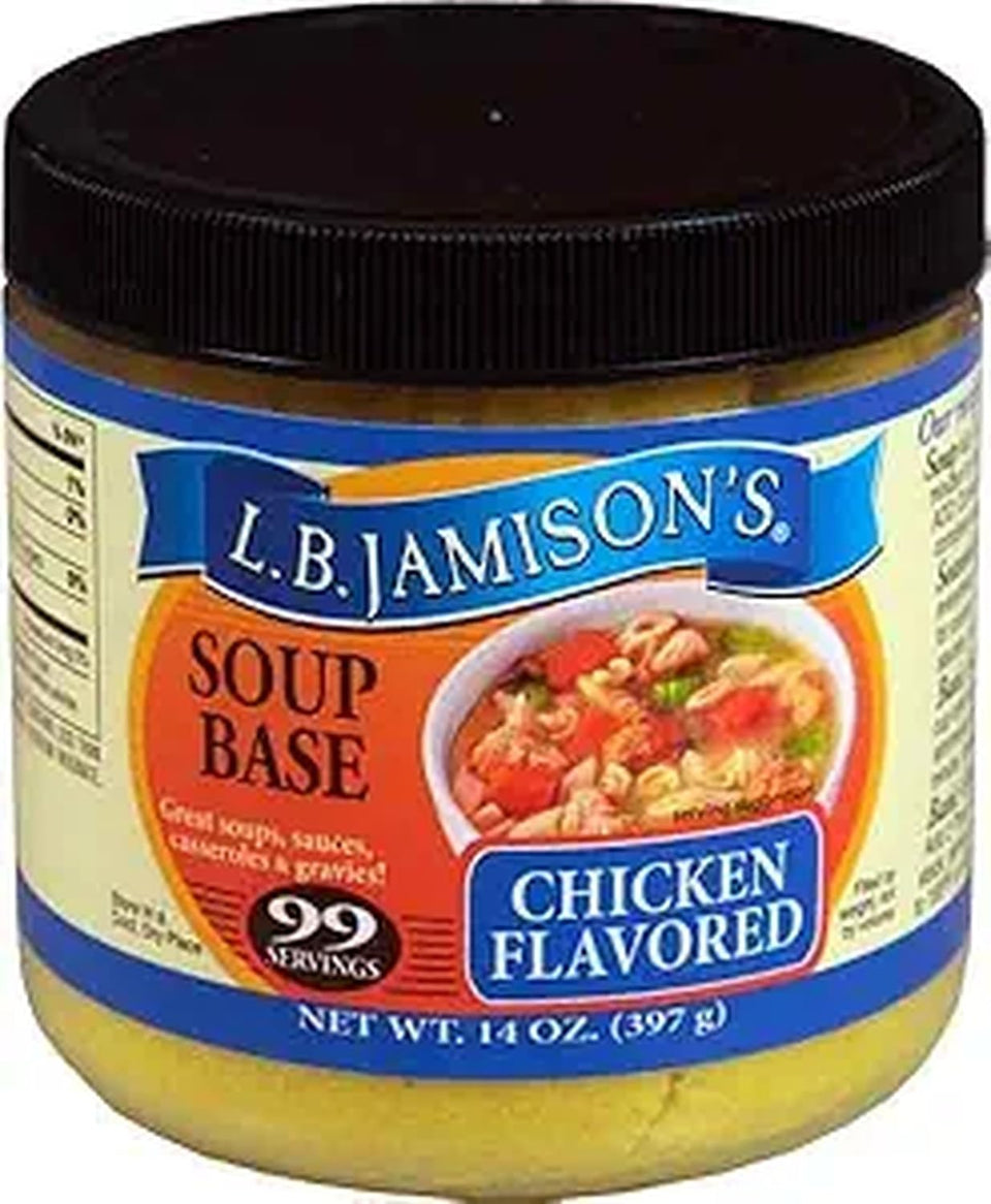 L.B. Jamison's chicken soup base jar with label and spoon for quick homemade flavor.