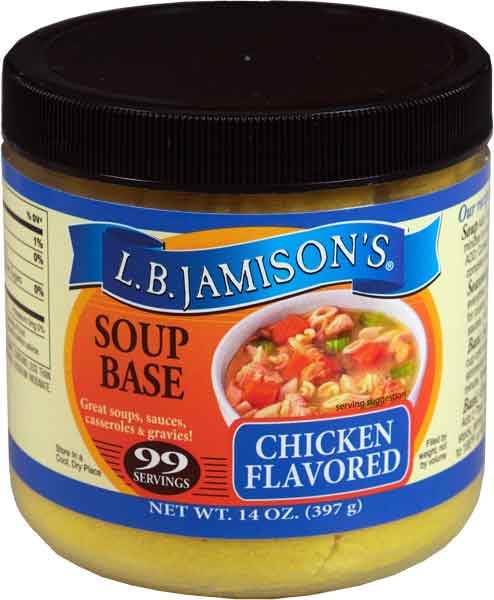 LB Jamison's chicken-flavored soup base jar pour for quick, homestyle meals.