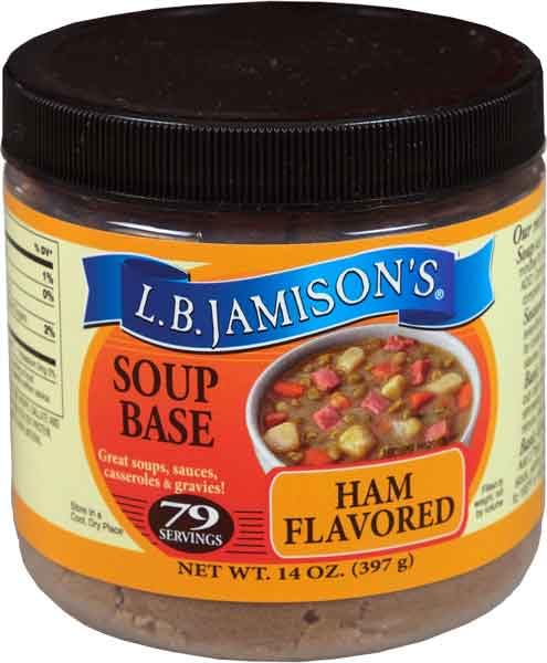 L.B. Jamison's Ham Flavored Soup Base in two jars ready to elevate soups and gravies
