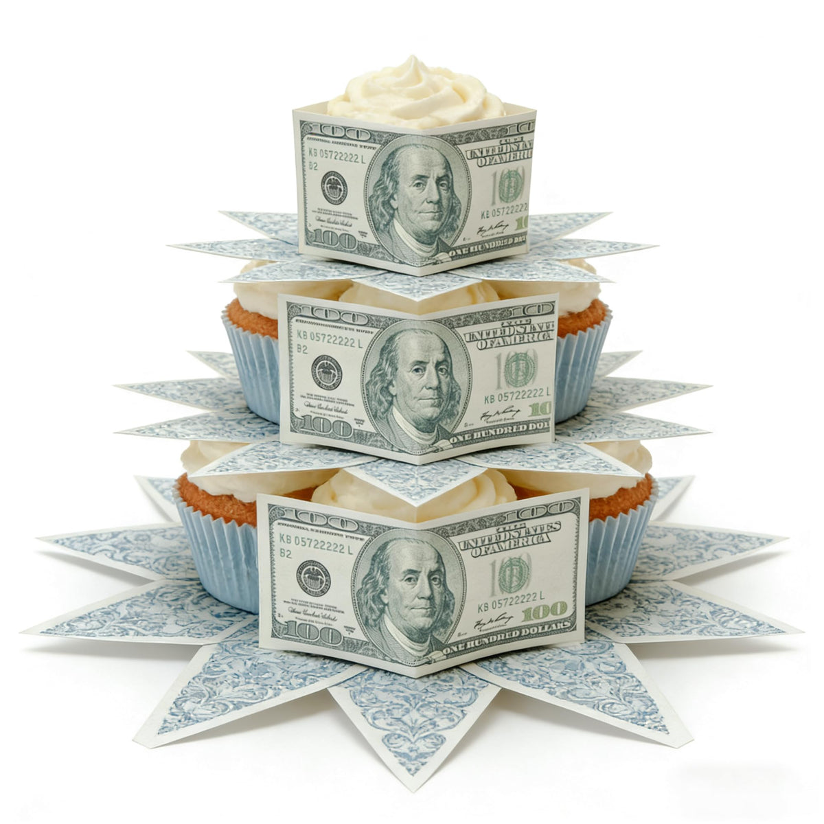 LcingTify edible 100-dollar bill topper on cupcake for party decoration.