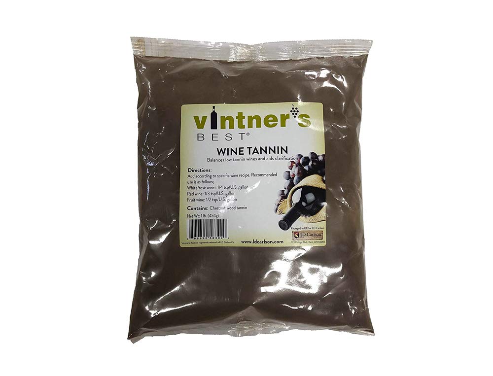 LD Carlson wine tannin usage: add 1/4–1/2 tsp per gallon for astringency.
