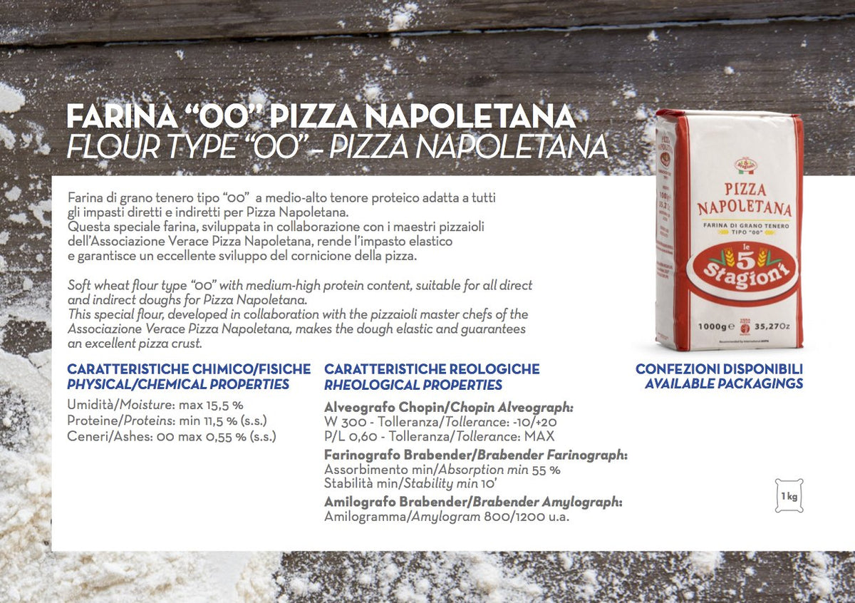 LE 5 STAGIONI soft wheat flour close-up highlighting elastic dough potential.