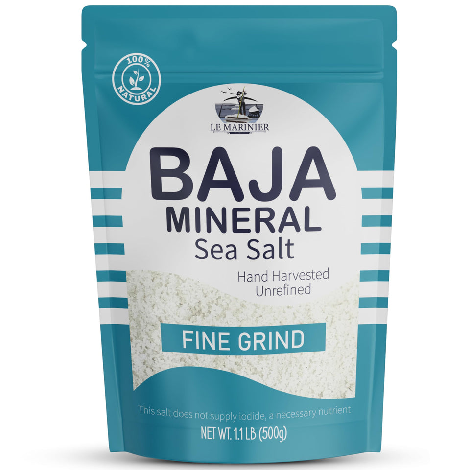 Le Marinier Baja salt fine grind bottle, ready for everyday seasoning.