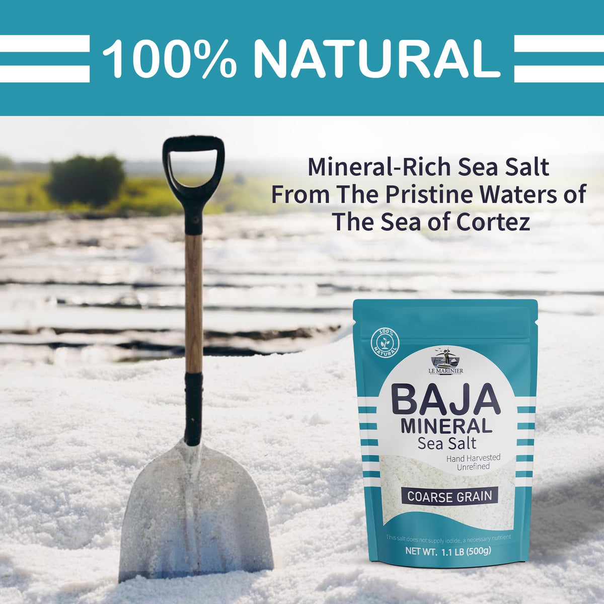 Le Marinier Baja salt hand harvest image highlights natural processing and purity