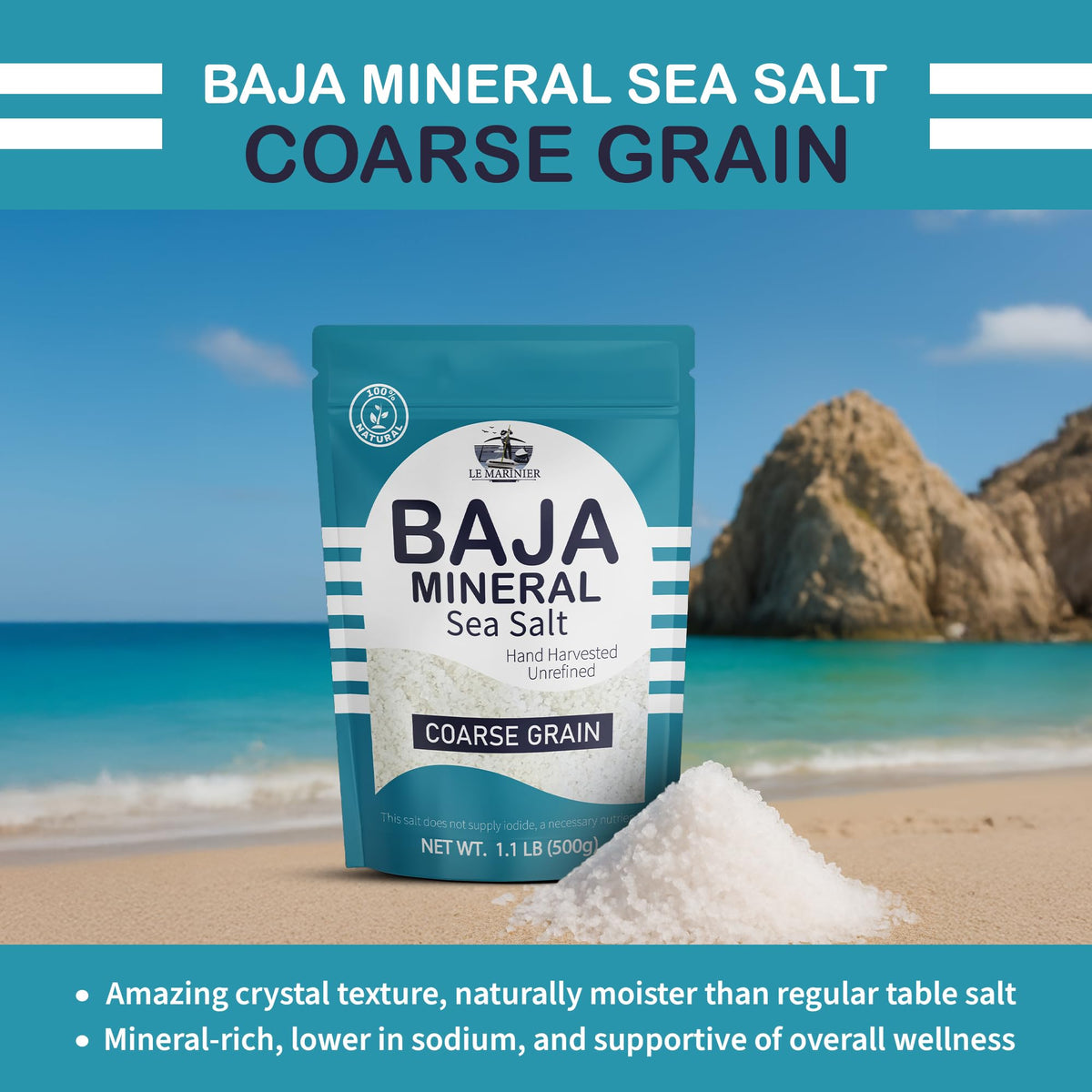 Le Marinier Baja salt mineral crystals spread on dish for finishing flavor