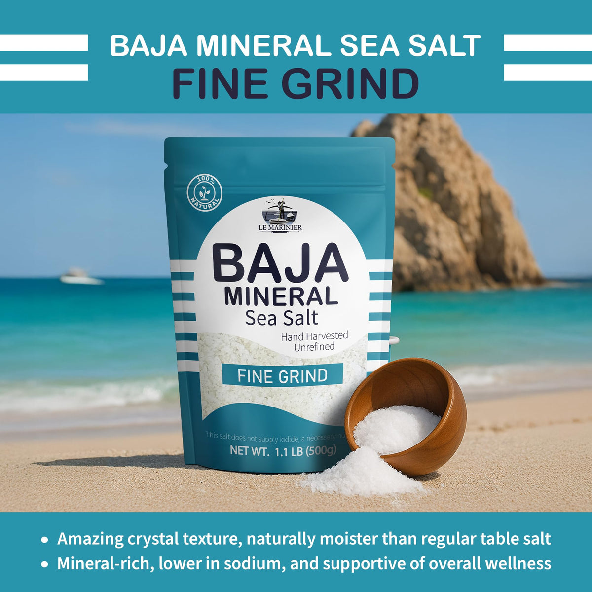 Le Marinier Baja sea salt crystals enhancing flavor in cooking.