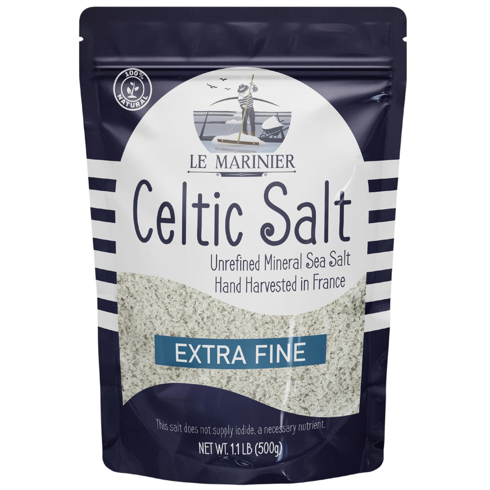 LE MARINIER Celtic Salt bottle closeup shows extra-fine crystals ideal for light seasoning