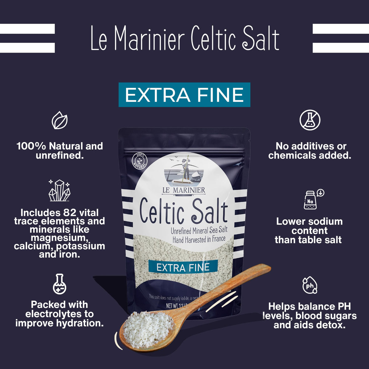 Le Marinier Celtic Salt crystal close-up highlights natural texture and purity.