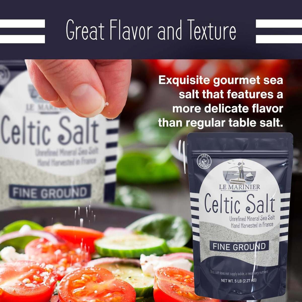Le Marinier Celtic Salt crystal detail showcases natural texture for rustic cooking.