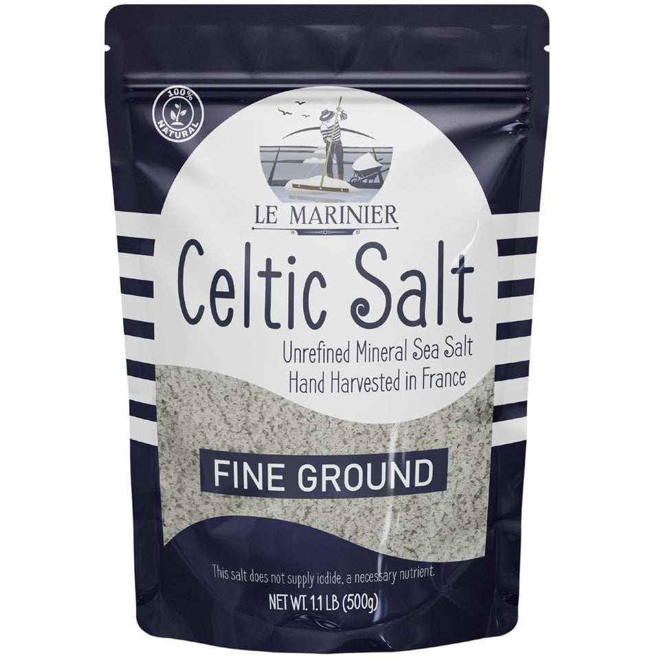 Le Marinier Celtic Salt fine-ground bottle close-up for delicate seasoning