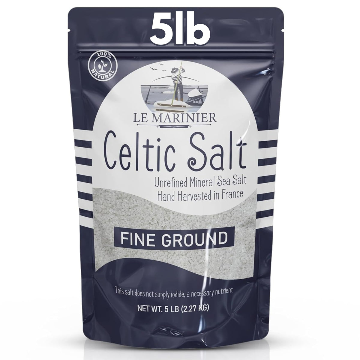 Le Marinier Celtic Salt fine ground bottle closeup showing pure texture for seasoning.