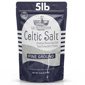 Le Marinier Celtic Salt fine ground bottle closeup showing pure texture for seasoning.