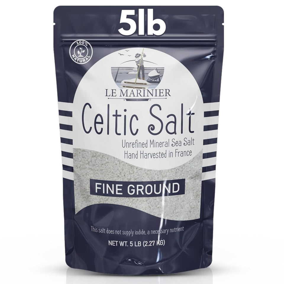 Le Marinier Celtic Salt fine ground bottle closeup showing pure texture for seasoning.