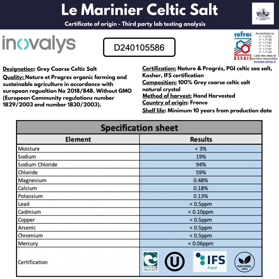 Le Marinier Celtic Salt fine ground jar pour highlights mineral-rich granules for flavor.