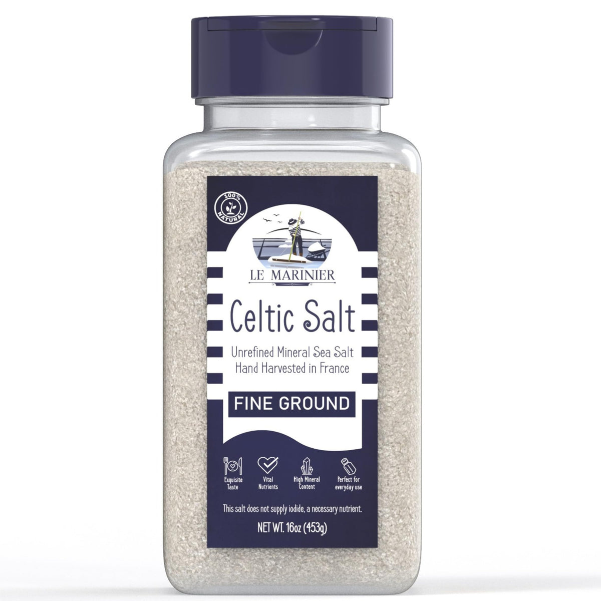 Le Marinier Celtic Salt front label for everyday seasoning with authentic French purity.
