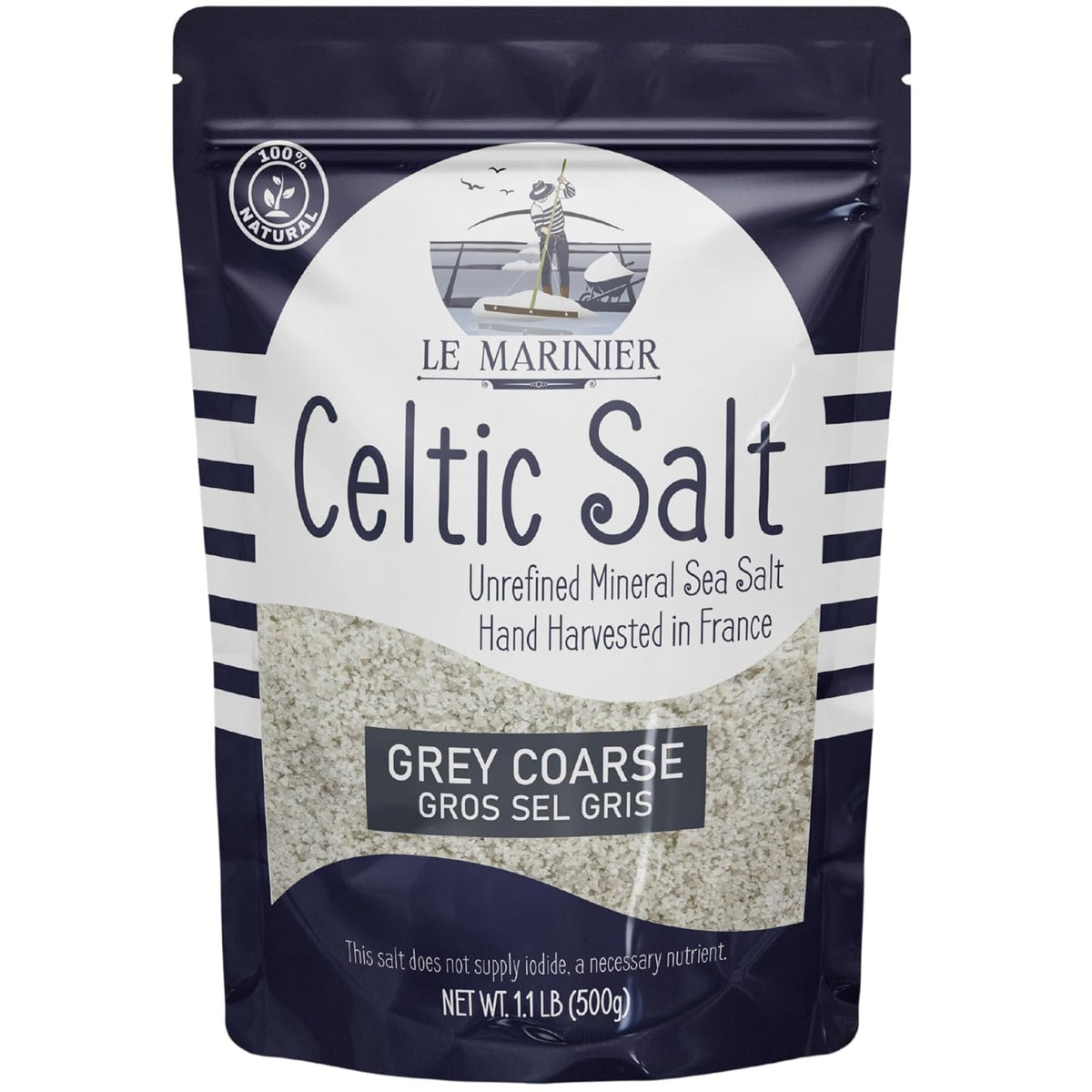 Le Marinier Celtic salt grey coarse packaging shown, ideal for everyday seasoning and finishing dishes.