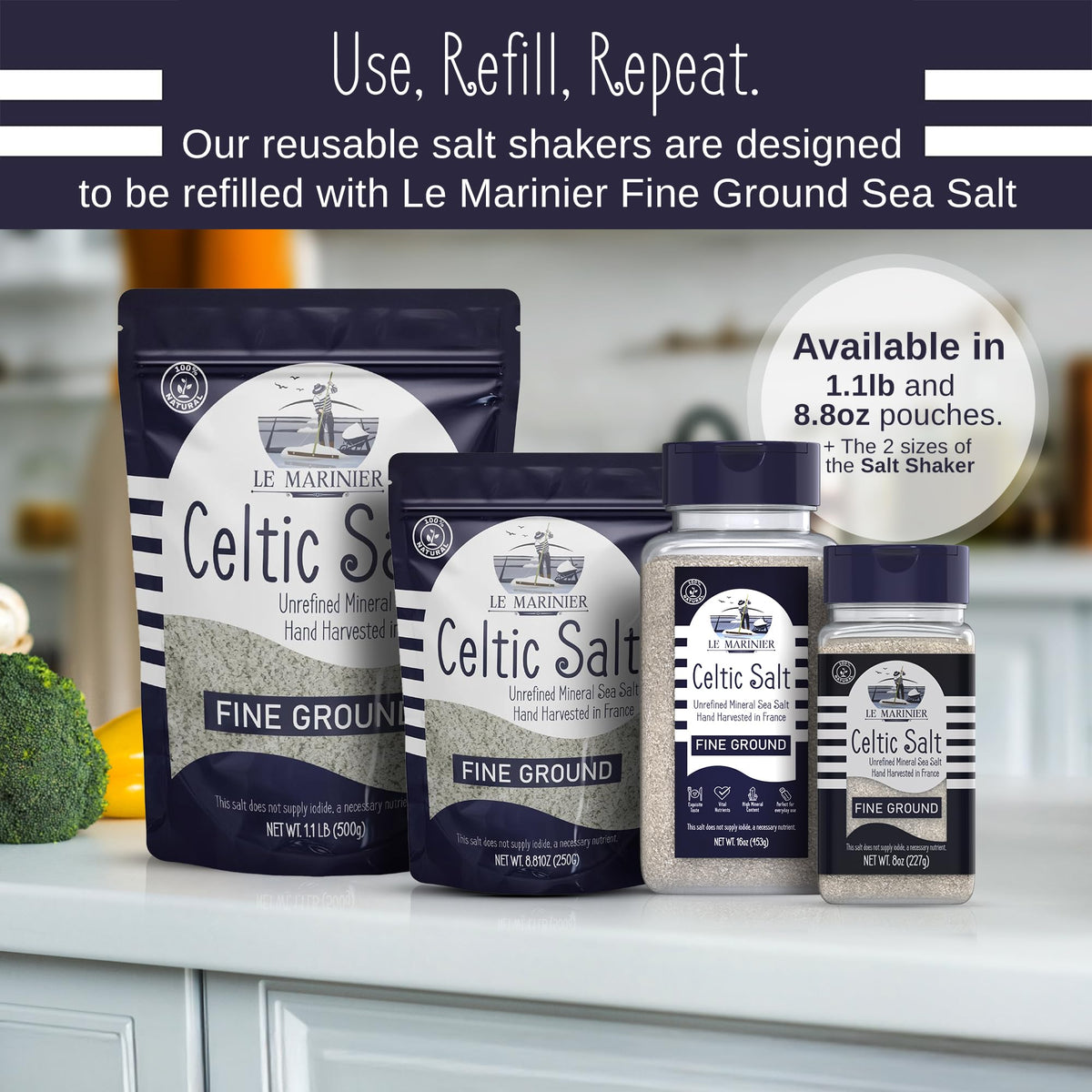 Le Marinier Celtic Salt hand harvest imagery conveys traditional French methods and natural purity.