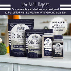 Le Marinier Celtic Salt hand harvest imagery conveys traditional French methods and natural purity.