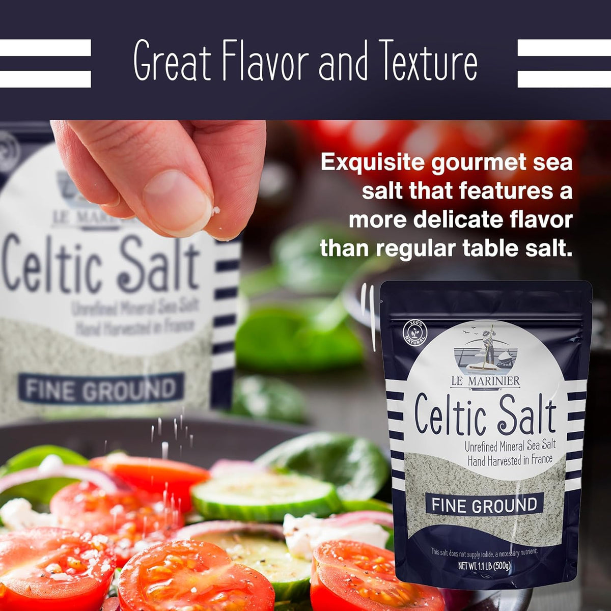 Glass bowl of Le Marinier Celtic Salt shows moist texture