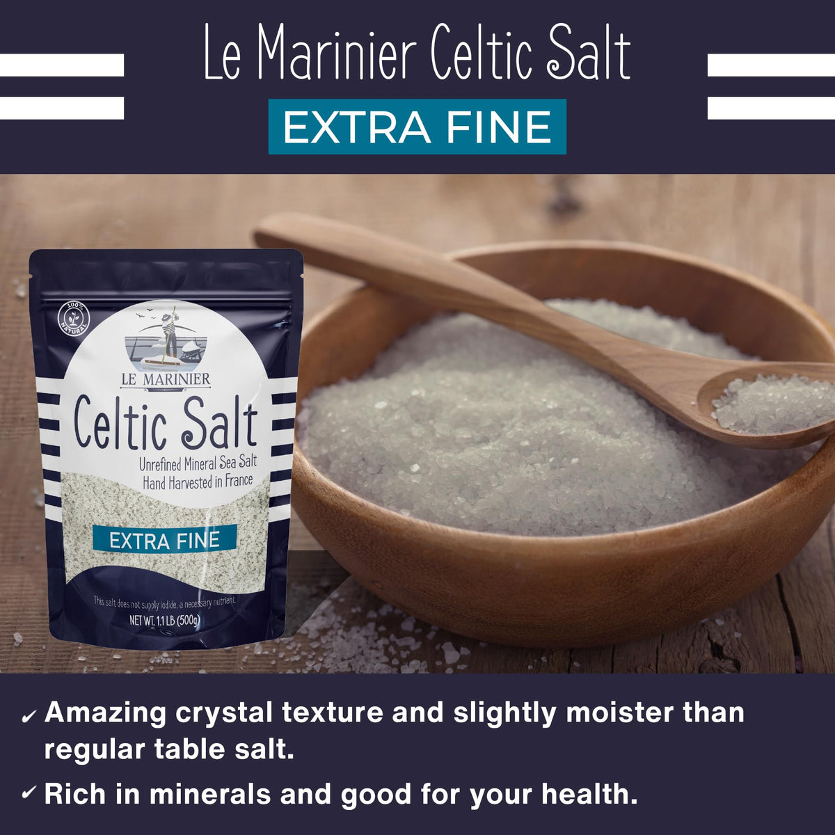 Le Marinier Celtic Salt natural and unrefined for toxin-free seasoning.