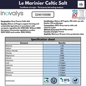 Le Marinier hand-harvested salt from French marshes enhances meats and seafood.