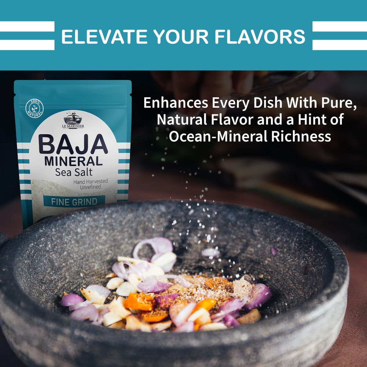 Le Marinier mineral-rich Baja salt closeup shows sparkling crystals.