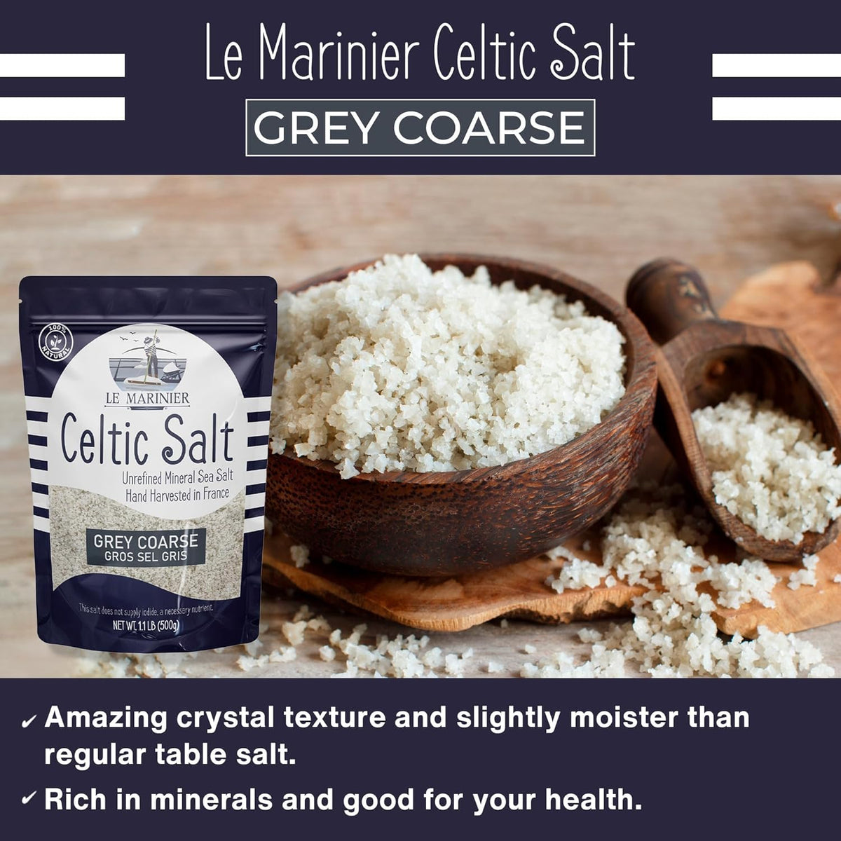 Le Marinier mineral-rich salt, bag visible, ideal for electrolyte-aware cooking and seasoning.