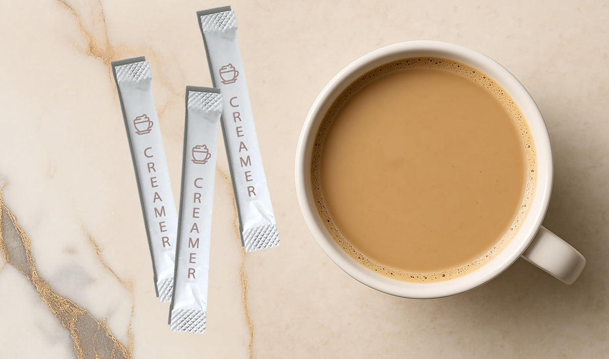 Le Must travel-ready creamer sachet shown for coffee on the go.