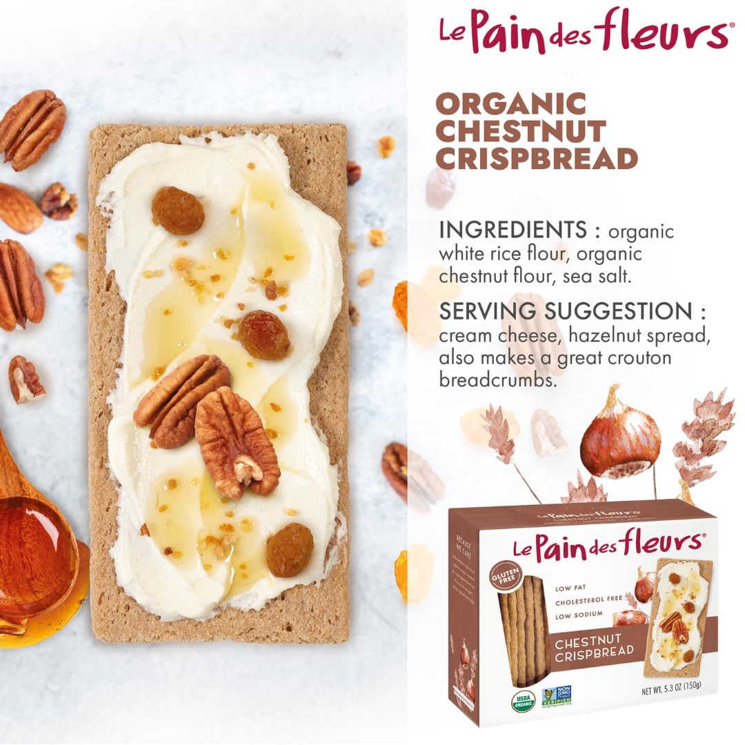 Le Pain des Fleurs organic ingredients close-up on chestnut crispbread.