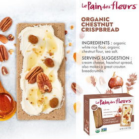 Le Pain des Fleurs organic ingredients close-up on chestnut crispbread.