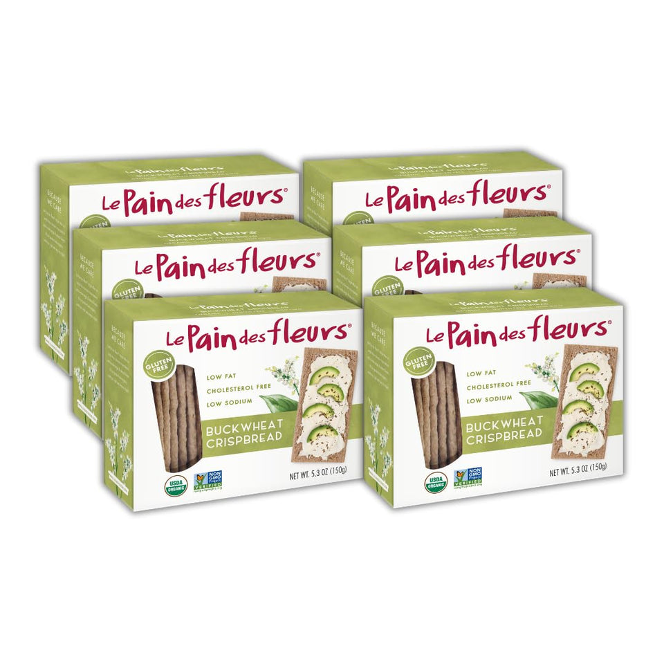 Le Pain des Fleurs buckwheat crispbread pack shot, gluten-free and vegan friendly.