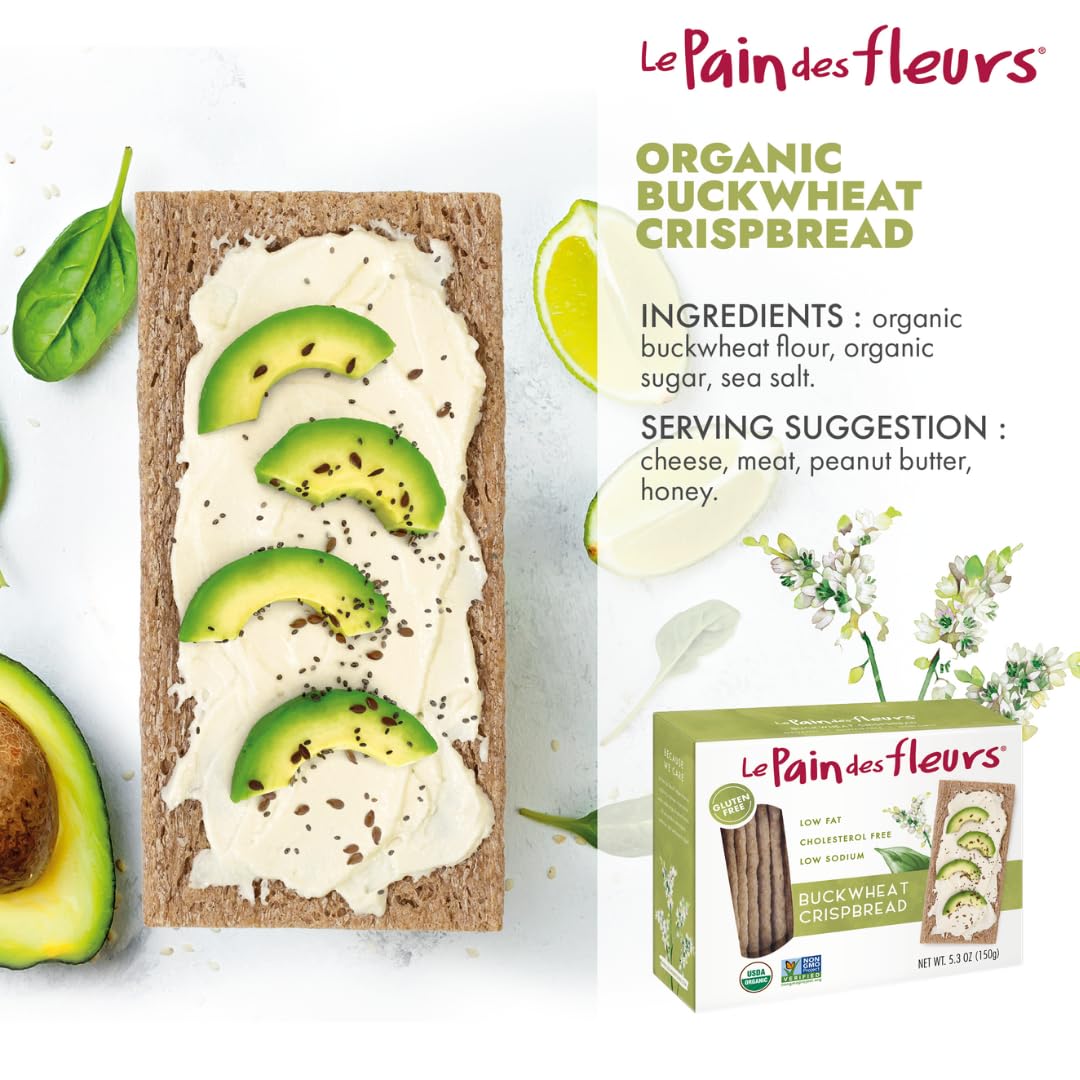 Le Pain des Fleurs crispbread slices on a plate for avocado or cheese pairing.