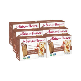 Le Pain des Fleurs chestnut crispbread pack showcasing gluten-free, vegan snacking.