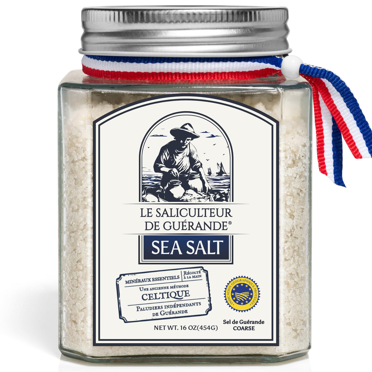 Le Saliculteur de Guerande grey sea salt jar on kitchen shelf, ideal for finishing dishes.