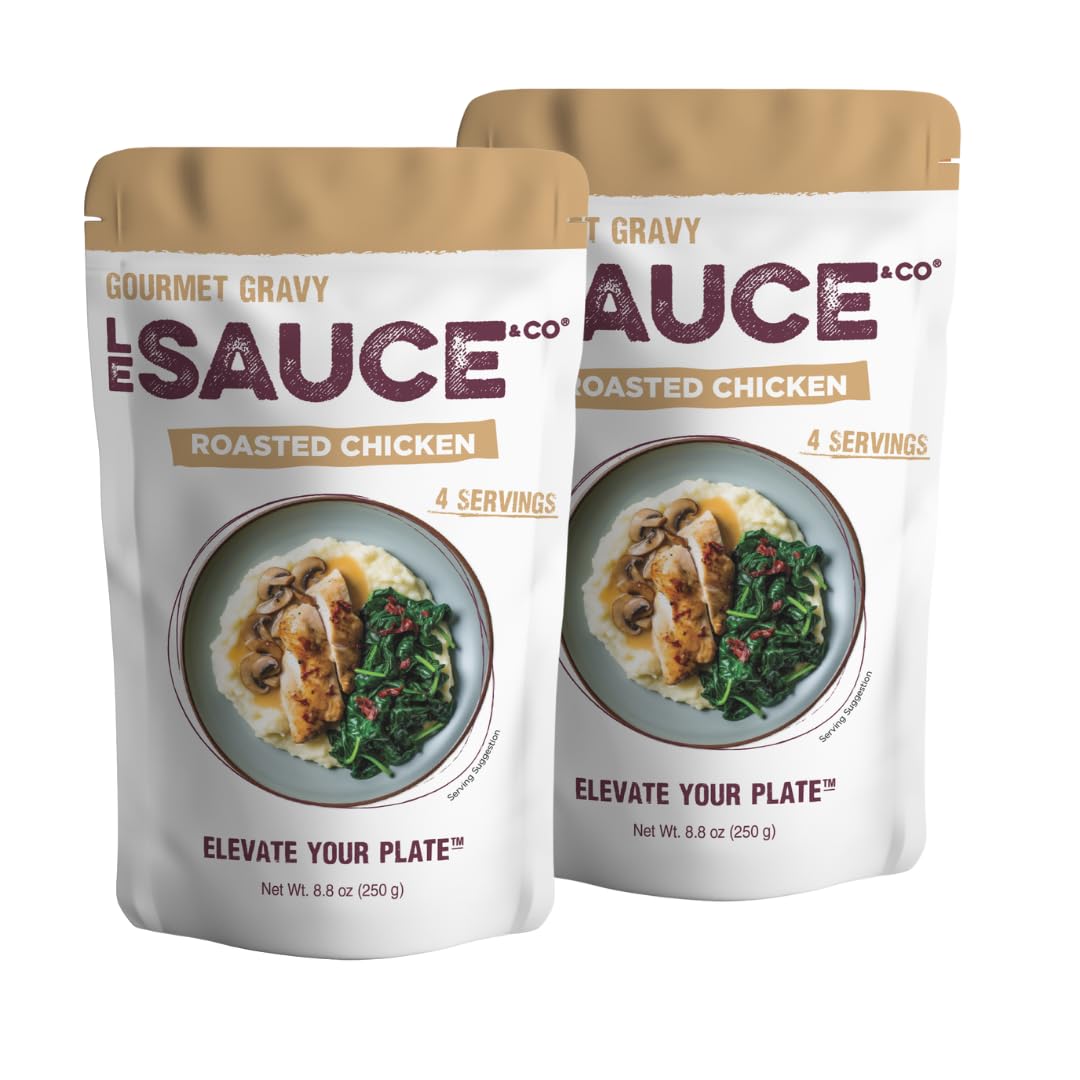 Le Sauce & Co Roasted Chicken Gravy pouch poured over chicken for restaurant-style flavor.