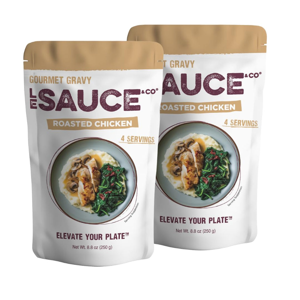 Le Sauce & Co Roasted Chicken Gravy pouch poured over chicken for restaurant-style flavor.
