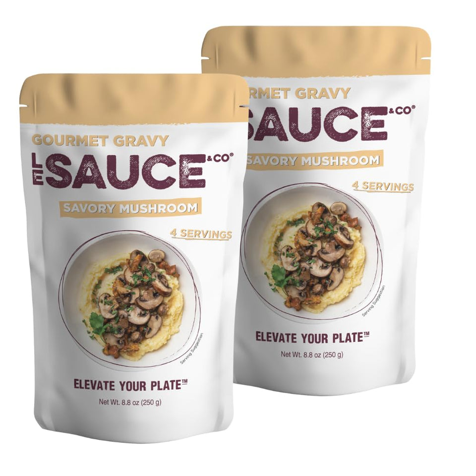Le Sauce & Co Savory Mushroom Gravy pouch closeup showing real ingredients and fresh texture