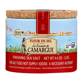 Le Saunier de Camargue Fleur de Sel in a cork-topped container preserves freshness for finishing dishes
