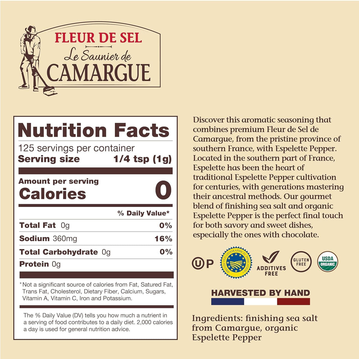 Le Saunier de Camargue Fleur de Sel Espelette Chili dusting steak for subtle heat.