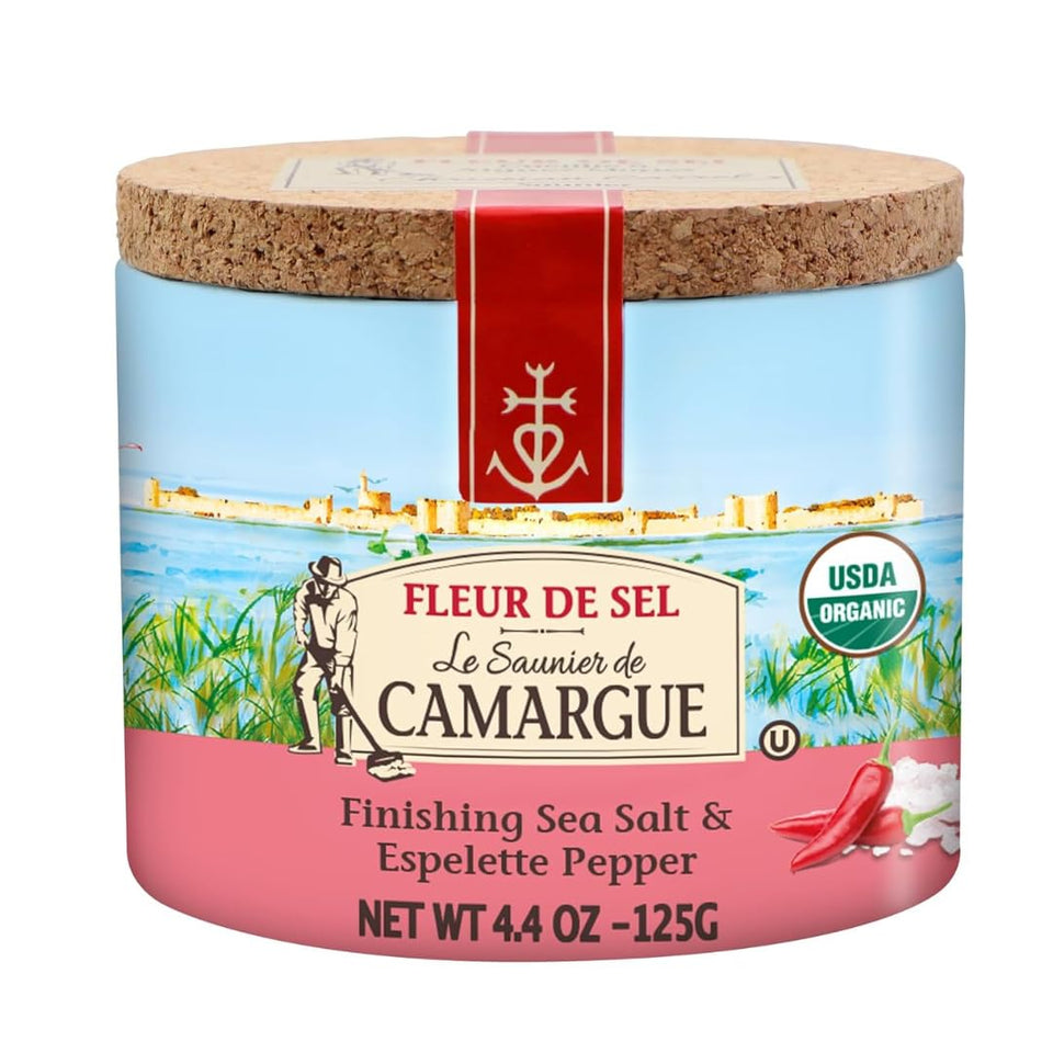 Le Saunier de Camargue Fleur de Sel Espelette Chili jar closeup for finishing flavor.