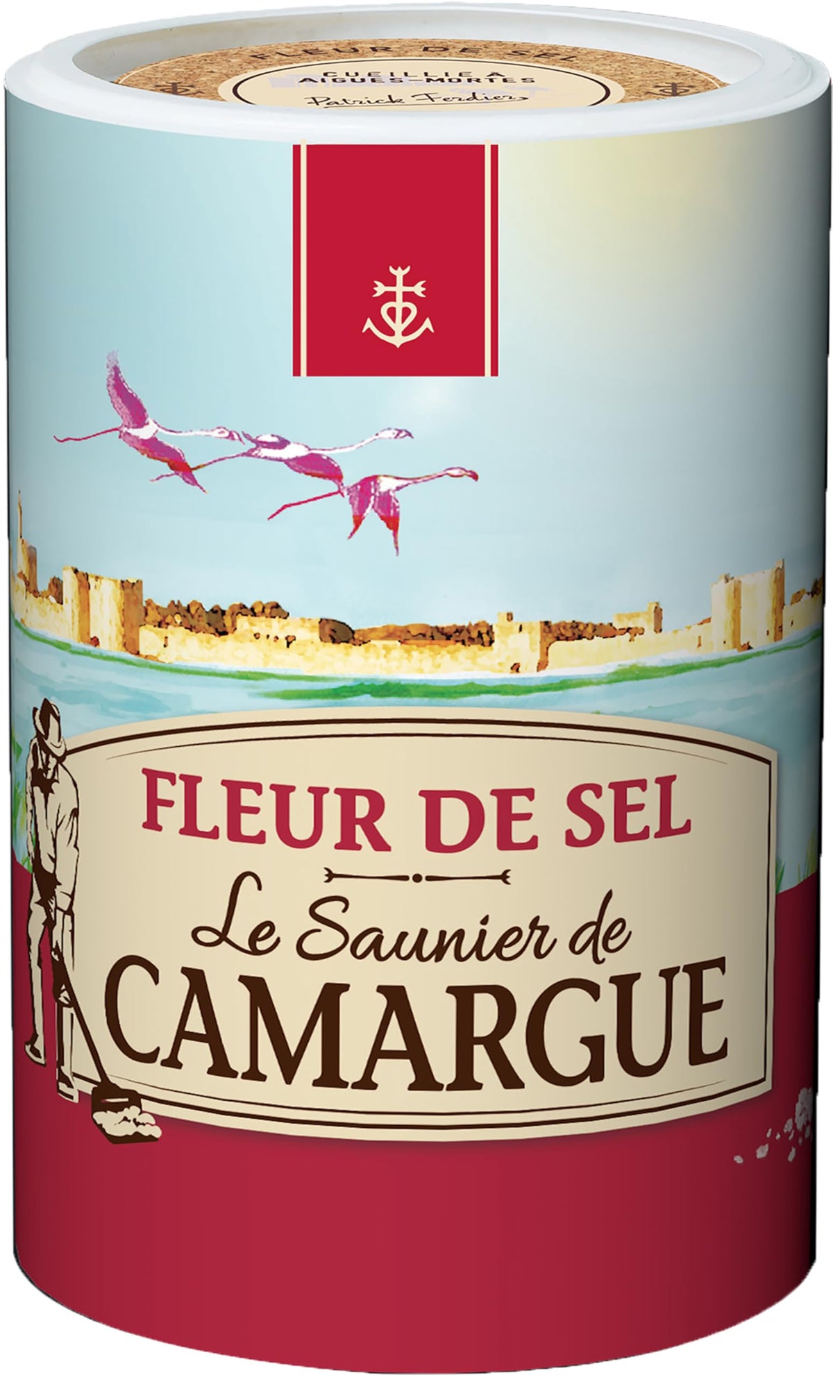 Le Saunier De Camargue Fleur De Sel plastic tub close-up with sparkling crystals for finishing dishes.