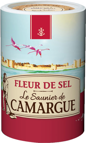 Le Saunier De Camargue Fleur De Sel plastic tub close-up with sparkling crystals for finishing dishes.