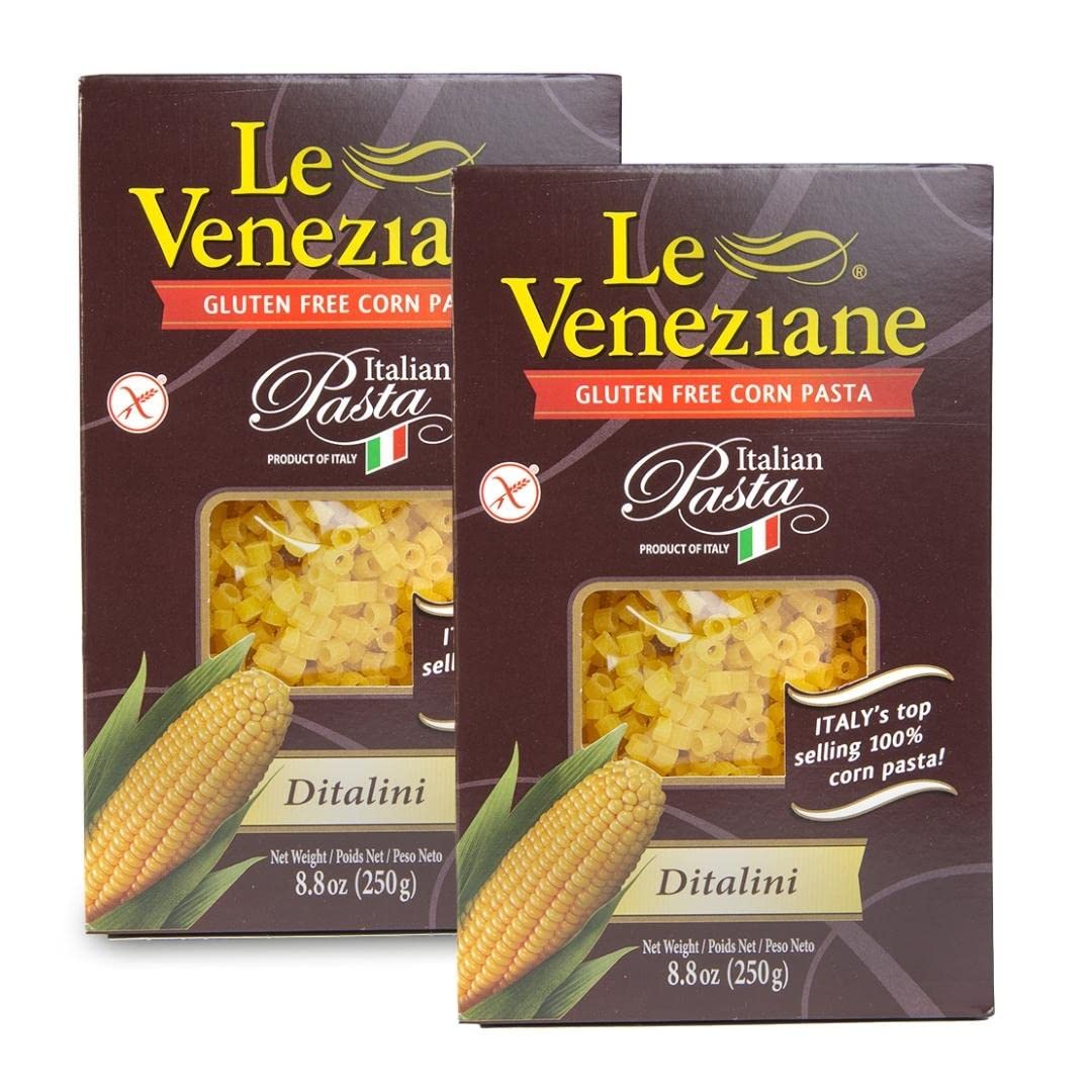 Le Veneziane gluten-free ditalini pack, quick cooking pasta for tasty gluten-free meals.