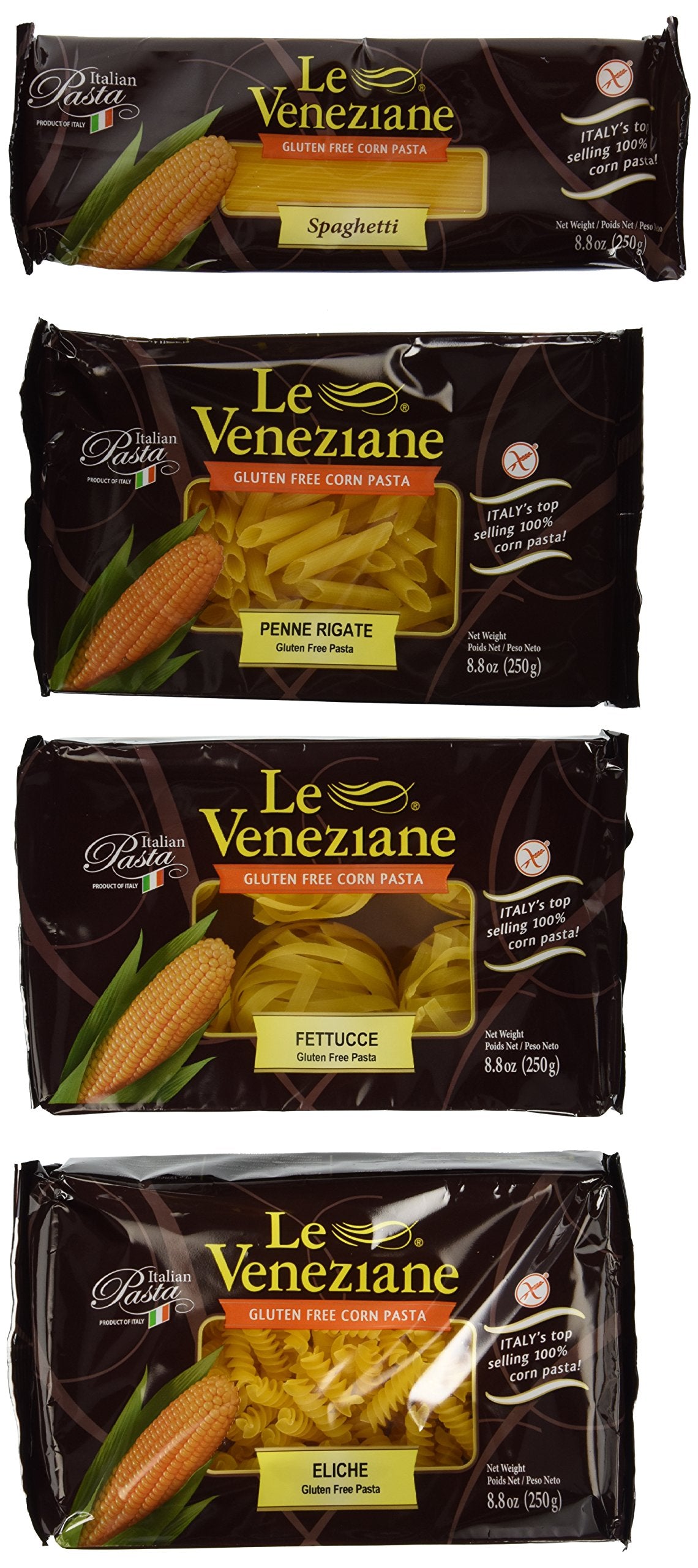 Le Veneziane gluten-free pasta variety pack showing assorted shapes for quick gluten-free meals.