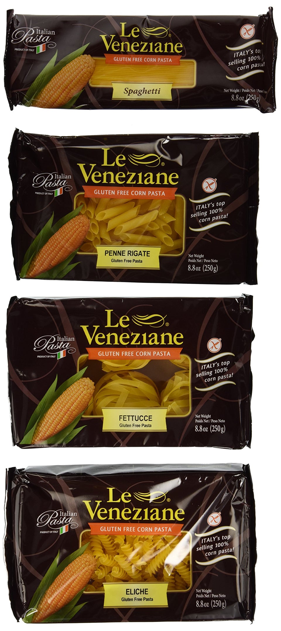 Le Veneziane gluten-free pasta variety pack showing assorted shapes for quick gluten-free meals.