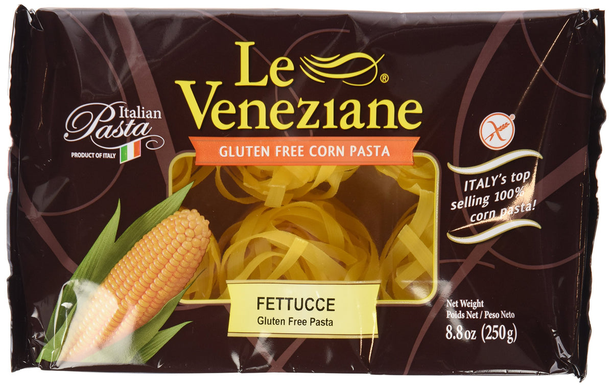 Le Veneziane Italian Fettucee package front view, gluten-free and easily digestible option.
