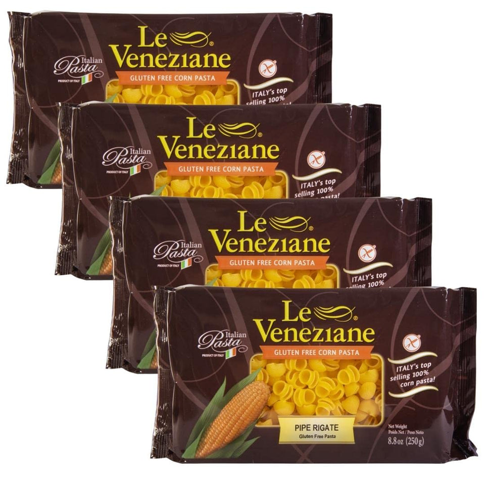 Le Veneziane gluten-free pipe rigate pasta 4-pack, ideal for quick family meals.
