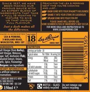 Close-up of the Lea & Perrins label highlights its premium ingredients