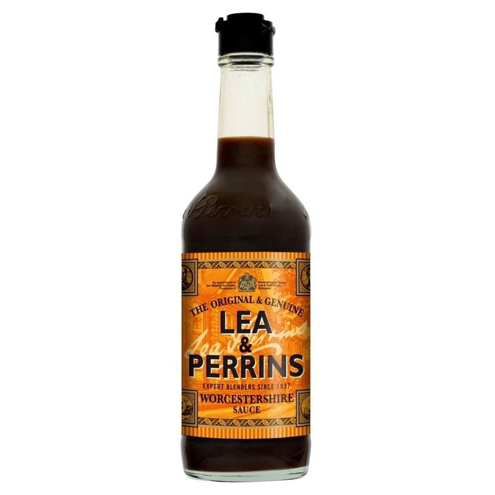 Lea & Perrins Worcestershire sauce bottle adds rich flavor to marinades and gravies.