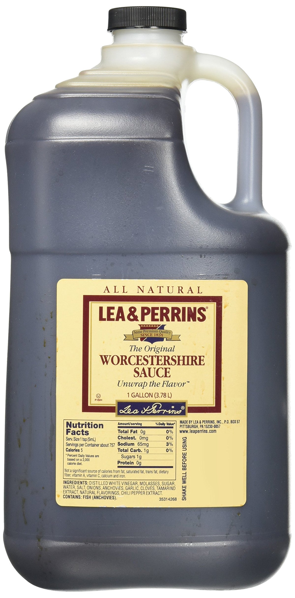 Lea & Perrins Worcestershire Sauce 1gal jug pouring, ideal for steak marinades and beef dishes.
